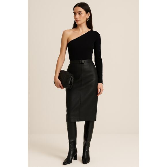 Vintage Leather Midi Skirt Slit Italian Black Knee Length Tight 2 Bodycon 38 - Picture 1 of 9